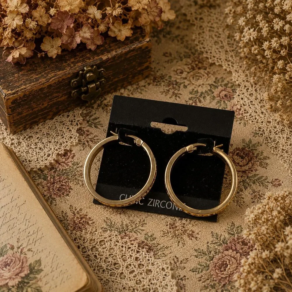Gold Tone Rhinestone Hoop Earrings, Pave Crystal Round Hoops, Statement Jewelry